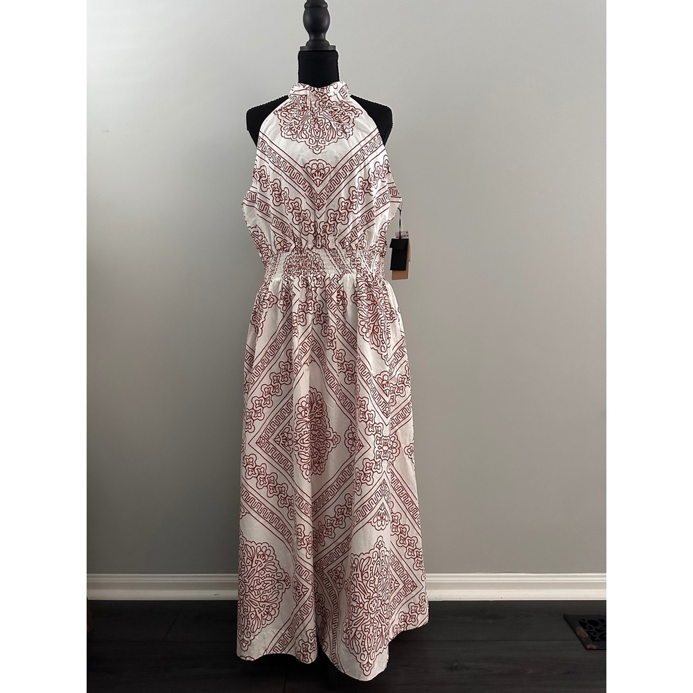 Halogen Women Copper Brown White Cotton Medallion Halter Maxi Dress  L